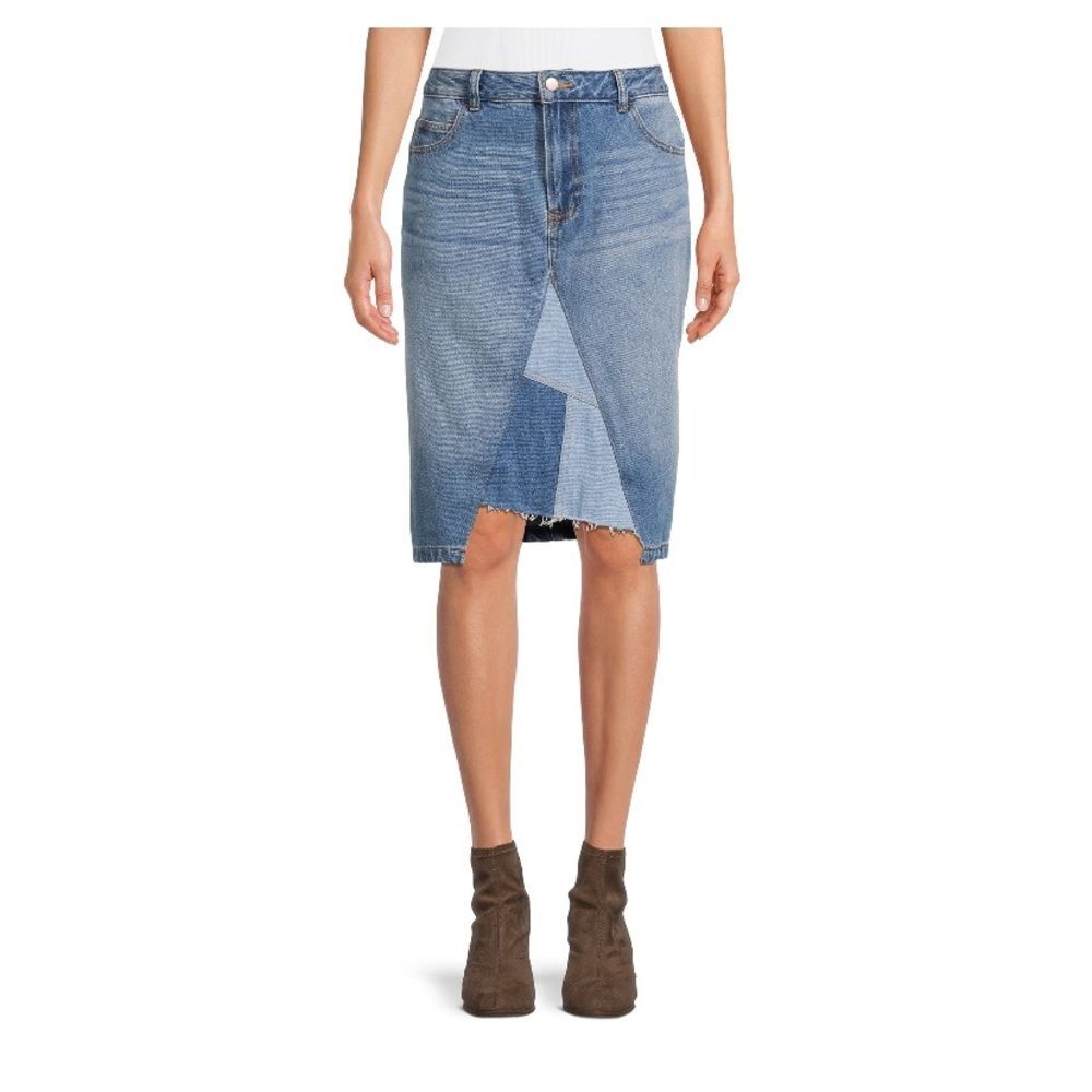 Patchwork Tri Denim Medium Wash Midi Skirt